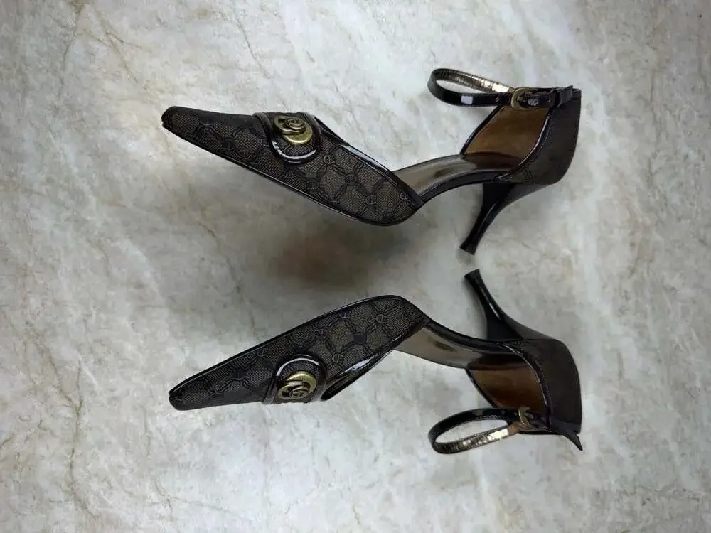 Etienne Aigner Fabriq Pumps 6M Brown Monogram Pointed Toe Ankle Strap Heels